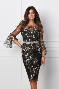 Rochie MBG neagra cu broderie florala bej