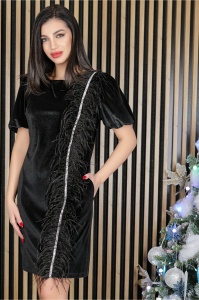 Rochie MBG neagra din catifea cu pene