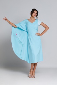 Rochie Mira bleu cu mânecă prelungită si broderie