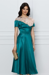 Rochie Moze turcoaz sidef cu flori bej la bust