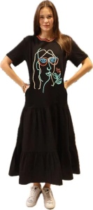 Rochie neagra din jerseu cu aplicatie grafica chip color si volan de poplin de bumbac, cu maneca scurta