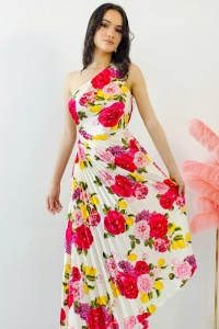 Rochie plisata asimetrica Elza Print, cu decupaj in zona taliei si imprimeu cu lămâi, Lemon Rose, Marime S/M - Img 4