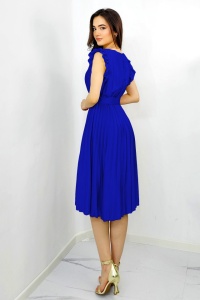 Rochie plisata midi, Elenor, cu volanase si curea asortata, Albastru indigo, Marime universala S/M - Img 5