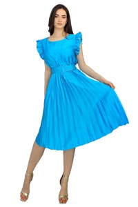 Rochie plisata midi, Elenor, cu volanase si curea asortata, Albastru, Marime universala S/M - Img 2