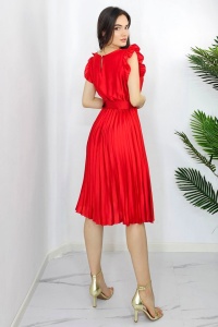 Rochie plisata midi, Elenor, cu volanase si curea asortata, Rosu, Marime universala S/M - Img 6