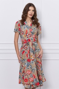 Rochie Rina bej cu croi petrecut si imprimeu floral rosu