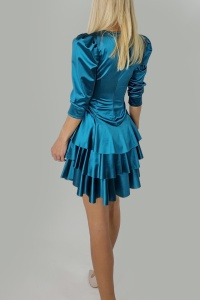 Rochie satinata Claire, cu volane si maneci lungi usor bufante, Albastru metalic, Marime universala S/M - Img 3