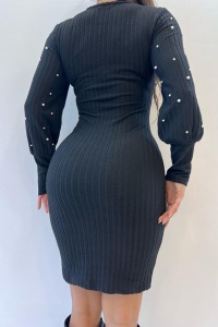 Rochie scurta, mulata, Polska, din tricot cu perle, Negru - Img 2