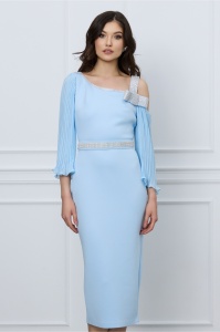 Rochie Sophie bleu din neopren cu strasuri si curea in talie