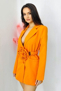 Rochie tip sacou Daniela, decolteu amplu si curea cu detaliu floral oversize, Portocaliu, Marime S/M - Img 4