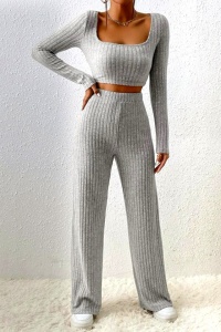 Compleu tetra Charlotte, cu bluza crop, decolteu amplu si pantaloni lejeri, Gri - Img 2