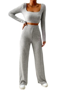 Compleu tetra Charlotte, cu bluza crop, decolteu amplu si pantaloni lejeri, Gri - Img 6