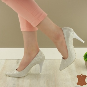 Pantofi Stiletto Dama Argintii Piele Naturala Ida - Img 1