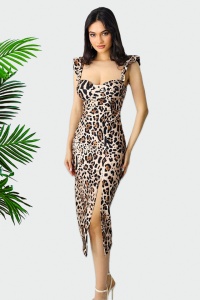 Rochie bodycon Ditsy, slit adanc si imprimeu animal print leopard, Bej, Marime S/M - Img 1