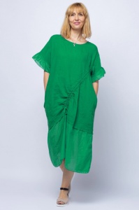 Rochie casual verde din in, cu siret oblic si volan la maneci