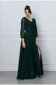 Rochie Cristina verde lunga cu maneci lungi si glitter