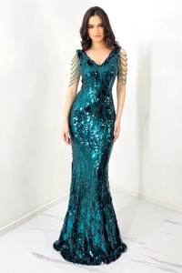 Rochie de eveniment Majestic, cu paiete, cristale si croiala tip sirena, Verde marin - Img 1