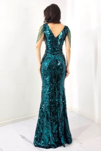 Rochie de eveniment Majestic, cu paiete, cristale si croiala tip sirena, Verde marin - Img 5
