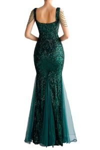 Rochie de ocazie Isolde, cu detaliu din tull, cristale si imprimeu royal, Verde - Img 6