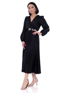 Rochie de ocazie midi eleganta din satin negru cu maneca lunga, Iza - Img 1