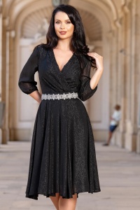 Rochie de ocazie neagra in clos Romina cu cordon stralucitor in talie