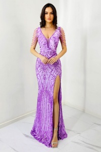 Rochie de seara Lady Margo, cu pene, paiete si decolteu adanc cu tull, Mov - Img 1