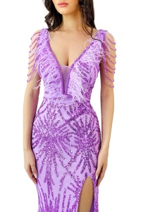 Rochie de seara Lady Margo, cu pene, paiete si decolteu adanc cu tull, Mov - Img 2