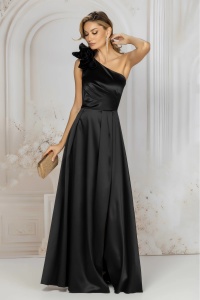 Rochie de seara neagra lunga cu umar gol si floare 3D - Img 3