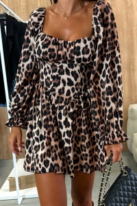 Rochie de zi Feline, cu animal print si maneca lunga bufanta, Leopard - Img 2