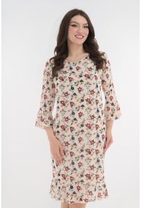 Rochie din voal crem cu flori bleumarin si rosii