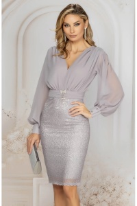Rochie eleganta argintie conica din dantela pretioasa si voal fin