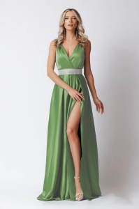 Rochie eleganta din tafta fistic cu slit pe picior si decolteu in V