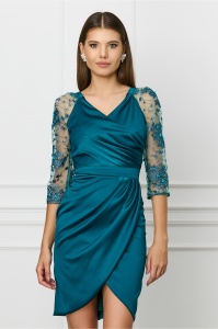 Rochie Ella Collection Alison turcoaz cu broderie si perle pe maneci