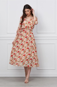 Rochie Ella Collection Olga ivory cu imprimeu floral corai si cordon in talie