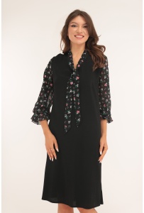 Rochie lejera neagra cu maneci din voal cu print floral