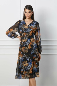 Rochie Loredana neagra cu imprimeu orange si curea in talie