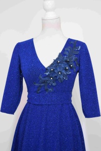 Rochie lunga din lurex albastra cu aplicatie 3D bleumarin Royal blue - Img 3