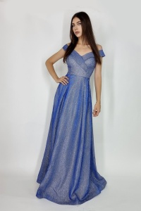 Rochie lunga Elize, cu pliuri definite si decolteu cu mansete pe umeri, Albastru, Marime: OneSize S/M - Img 1