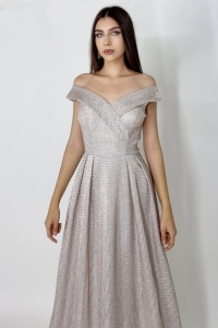 Rochie lunga Elize, cu pliuri definite si decolteu cu mansete pe umeri, Roze, Marime: OneSize S/M - Img 3