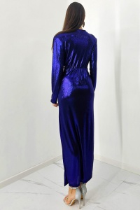Rochie lunga Julietta, crapatura pe picior si decolteu adanc, Albastru Metalizat, Marime S/M - Img 5