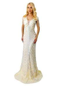 Rochie lunga Sabrina, cu paiete si cristale artizanale, Crem/Argintiu - Img 6