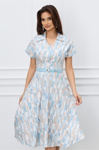 Rochie Mara bleu cu imprimeuri bej si curea in talie