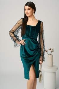 Rochie MBG eleganta din catifea verde cu maneci din tull cu buline