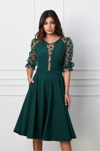 Rochie MBG verde cu maneci din tull cu buline catifelate