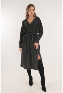 Rochie midi din lurex argintiu cu decolteu parte peste parte