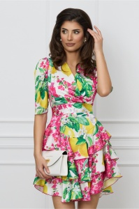 Rochie Moze alba cu imprimeu floral colorat si volane