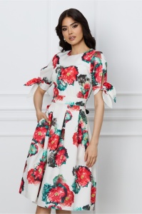 Rochie Moze alba cu imprimeuri florale rosii