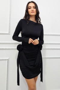 Rochie scurta Jordana, pentru evenimente, cu detaliu floral, Negru, Marime S/M - Img 1