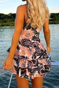 Rochie scurta KATYS, cu imprimeu si volane asimetrice, Negru, Marime S/M - Img 4