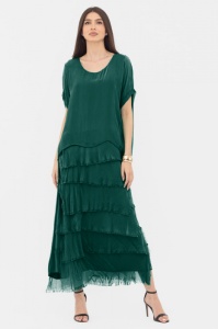 Rochie verde inchis din matase naturala cu volane franjurate suprapuse